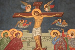 Kreuzigung Jesu. Orthodoxe Kirche Saint-Antoine-le-Grand, Saint-Laurent-en-Royans, Frankreich