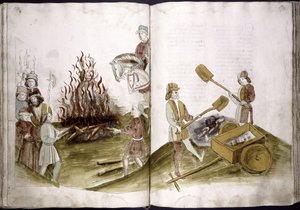 Johannes Hus wird am 6. Juli 1415 auf dem Scheiterhaufen verbrannt und seine Asche in den Rhein geworfen aus: Ulrich Richental Chronik des Konzils, 1414-1418