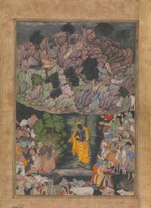 Krishna hält den Berg Govardhan hoch, um die Dorfbewohner von Braj zu schützen, Folio von..., ca. 1590-95 von Unbekannt