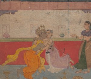 Krishna küsst Radha: Seite aus dem Boston Rasikapriya Liebesbreviarium, ca. 1610