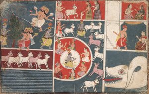 Krishna spielt die Flöte und andere Episoden aus dem Bhagavata Purana, um 1650 von Unbekannt