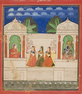 Krishna und Radha in zwei Pavillons, 19. Jahrhundert