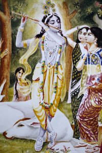 Krishna und die Gopi, dargestellt auf einem Hare-Krishna-Kalender, London, Großbritannien