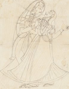Krishna als Frau verkleidet umarmt Radha, 19. Jahrhundert