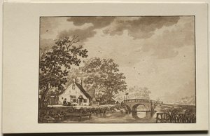 Landschaft mit Hütte und Brücke, 1700er von Unbekannt