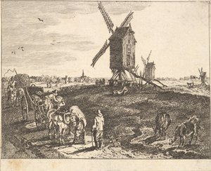 Landschaft mit Windmühlen und Karren