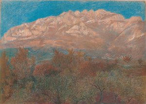 Landschaft mit dem rosa und lila Berg Resegone hinter dem Laub der Bäume unter einem blauen Himmel