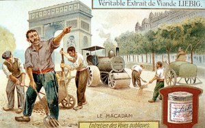 Verlegen einer Makadam-Straßenoberfläche und Verdichten mit einer Dampfwalze, Paris, ca. 1900