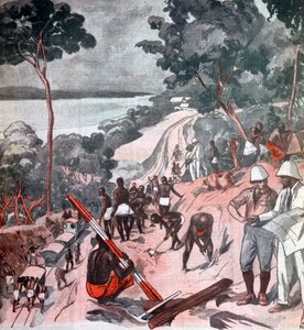 Verlegung von Eisenbahnschienen unter der Äquatorsonne, Brazzaville, Kongo, 1924