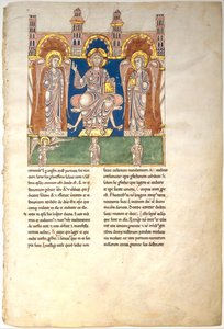 Blatt aus einem Beatus-Manuskript: Christus in Majestät mit Engeln und dem Engel Gottes..., ca. 1180