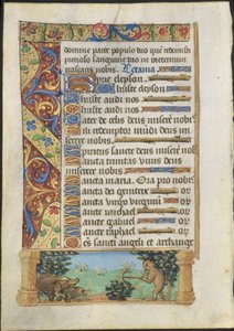Blatt aus einem Stundenbuch: Affen jagen Wildschweine, um 1500-1510
