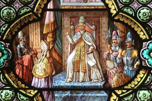 Leo XIII. Die Blase des Rosenkranzes. Glasfenster. Heiligtum Unserer Lieben Frau von La Salette, La Salette-Fallavaux, Frankreich