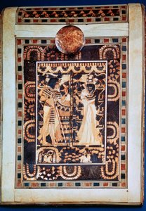Deckel einer Truhe, die Tutanchamun und seine Frau Ankhesenamun in einem Garten zeigt, 14. Jahrhundert v. Chr.
