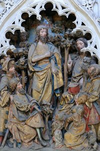 Leben von St. Johannes dem Täufer: "St. Johannes der Täufer zeigt den Ring Gottes." Hochrelief des nördlichen Endes des Nordchors (1531). Kathedrale von Amiens, Amiens, Frankreich
