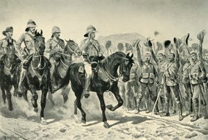 Lord Roberts wird bei seiner Ankunft am Wonder River von den Truppen bejubelt, 1901 von Unbekannt