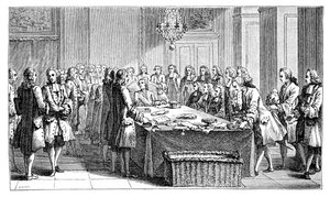 Ludwig XV. unterzeichnet den neuen Vertrag, 1757, 1885 von Unbekannt
