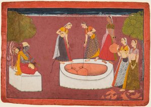 Madhava spielt seine Vina vor fünf Frauen, die Wasser aus einem Brunnen schöpfen, aus einem Madhavanala..., ca. 1700 von Unbekannt