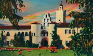 Haupteingang. Verwaltungsgebäude, Staatsuniversität. San Diego, Kalifornien, um 1941