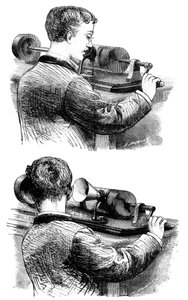 Eine Aufnahme machen und dem ersten Edison-Phonographen zuhören, 1878
