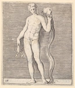 Mann mit Flusskrebs und Wasserkrug, veröffentlicht ca. 1599-1622 von Unbekannt