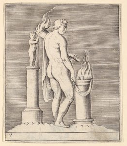 Mann mit Fackel zwischen brennendem Altar und Statuette von Unbekannt