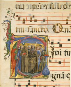 Manuskript-Illumination mit allen Heiligen in einem Initial V, aus einem Antiphonar, Italien, 1450-60