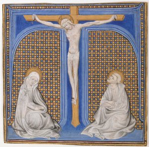 Manuskriptillumination mit Kreuzigung in einem Initial T, aus einem Messbuch, ca. 1400