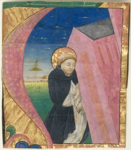 Manuskript-Illumination mit dem heiligen Dominikus, der die Kirche des heiligen Johannes rettet... Mitte des 15. Jahrhunderts