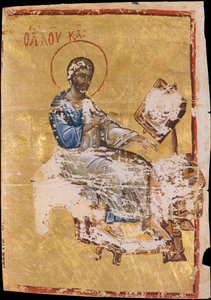 Manuskriptillumination mit dem Evangelisten Lukas, spätes 13. bis frühes 14. Jahrhundert