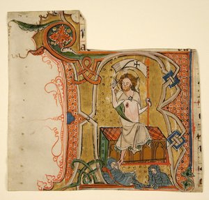 Manuskriptblatt mit einer illuminierten Initiale R und der Auferstehung, spätes 13. Jahrhundert