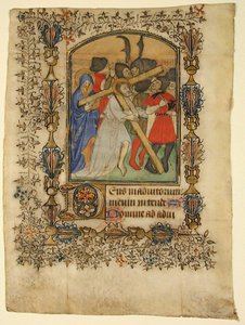 Manuskriptblatt aus einem Stundenbuch mit einer illuminierten Initiale D und Christus..., 1390-1400