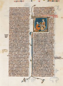 Manuskriptblatt mit dem Beginn des Buches Nehemias, aus einer Bibel, französisch, ca. 1280-1300