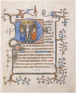 Manuskriptblatt mit der Kreuzigung in einer Initiale D, aus einem Stundenbuch, ca. 1350