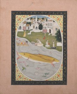 Manuskriptmalerei mit hinduistischer tantrischer Szene, die zwei Fische darstellt, 1800-1820