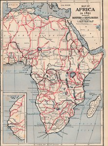 Karte von Afrika im Jahr 1891 mit den Routen der Entdecker von Unbekannt