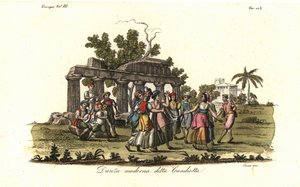 Männer und Frauen tanzen den modernen Candiota- oder Candiotta-Tanz, beliebt auf der Insel Kreta im 18. Jahrhundert
