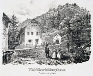 Salzmine: Das Wolfdietrich-Gebäude und der Ausgang der Mine in Durrnberg, Österreich