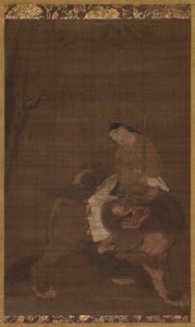 Monju als Kind auf einem Löwen reitend, 1392-1573