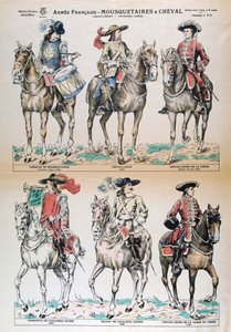Mousquetaires a Cheval 17. Jahrhundert. Französische Armeeuniformen. Farblithographie. Private Sammlung
