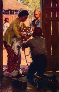 Mrs. Judson bringt ihr Kind zu ihrem angeketteten Ehemann, ca. 1912 von Unbekannt