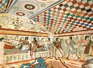 Wandmalerei im Leoparden-Grab Tomba dei Leopardi in Tarquinia, Italien
