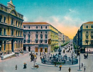 Neapel - Piazza Borsa mit Fontana Medina, Neptunbrunnen, ca. 1900