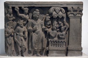 Nationalmuseum von Indien, Delhi. Buddha mit Naga-Kalika. Gandhara, 2. Jahrhundert n. Chr., Stein. Leihgabe des Mayo College Museums, Ajmer. Indien von Unbekannt