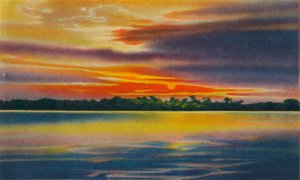 Abenddämmerung am Magdalena-Fluss, Barranquilla, um 1940er Jahre