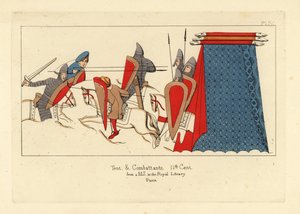Normannische Kavallerie in Kettenrüstung mit Schwertern, Schilden und Lanzen im Kampf, mit einem Militärzelt rechts