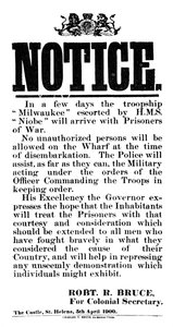 Ankündigung der Ankunft von Burenkriegsgefangenen auf der Milwaukee, St. Helena, 5. April 1900