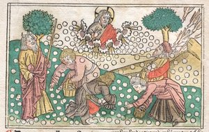 Nürnberger Bibel: Manna fällt vom Himmel, 1400er Jahre