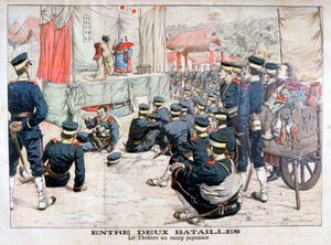 Japanische Soldaten außer Dienst im Theater in ihrem Lager, Russisch-Japanischer Krieg, 1904 von Unbekannt