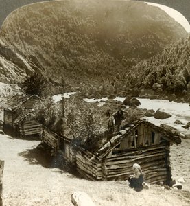 Alte Blockhäuser in Bratslandsdal, mit Bäumen auf mit Gras bedeckten Dächern, Norwegen, ca. 1905