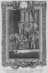Oliver Cromwell, begleitet von einer Stadt von Soldaten, löst das Lange Parlament auf. Anno 1653, ca. 1787 von Unbekannt